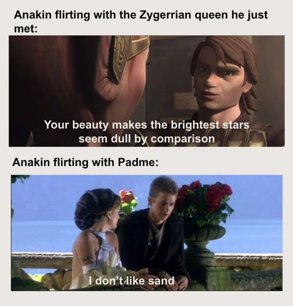 Star Wars meme about Anakin flirting in Clone Wars vs Prequels