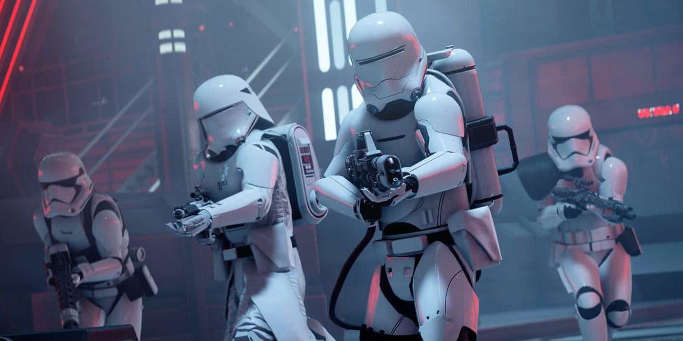 First Order Troopers point their blasters in Star Wars Battlefront II