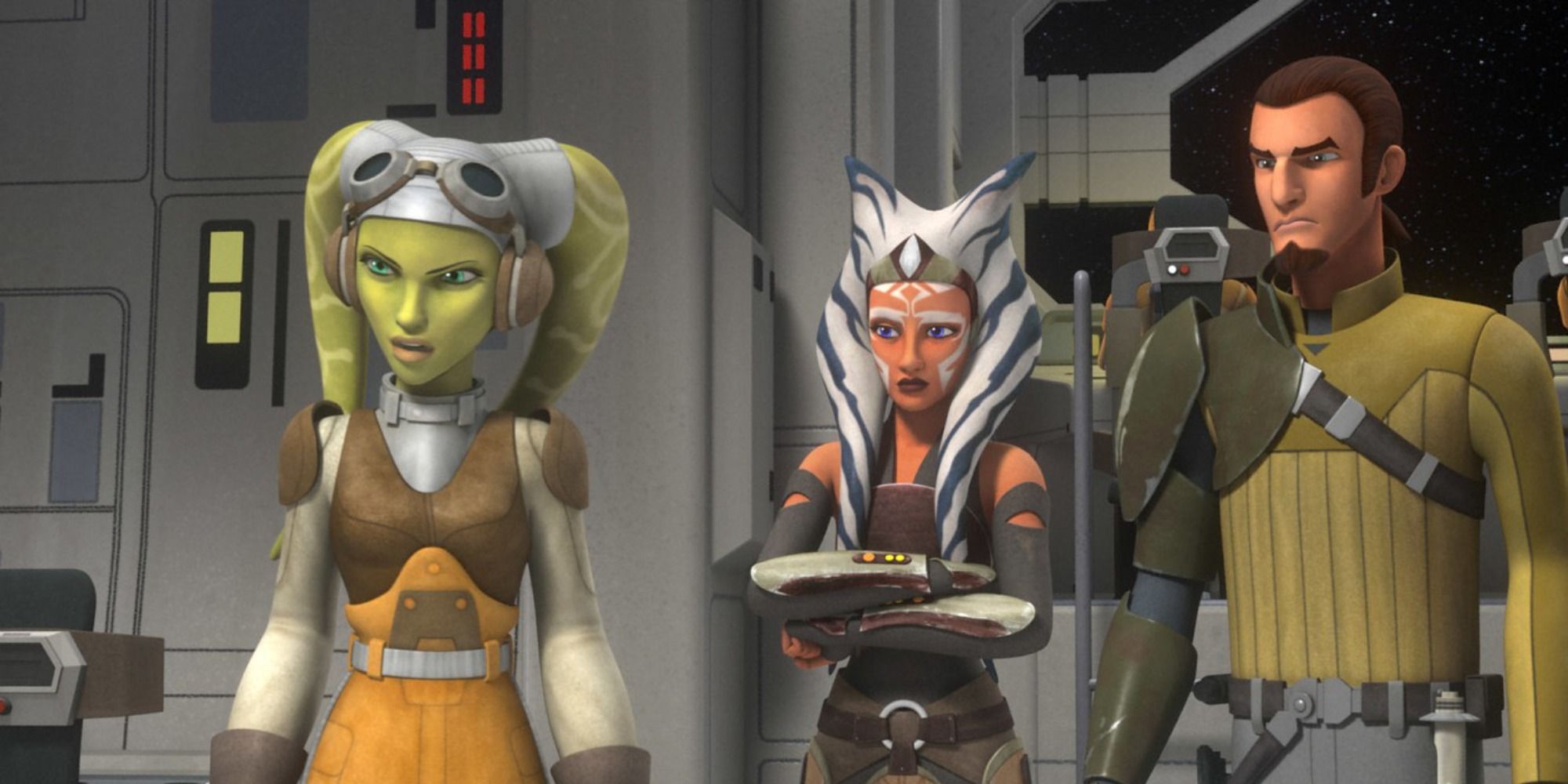 Ahsoka Tano Hera Syndulla and Kanan Jarrus aboard the main rebel ship discussing plans for the Reel Alliance in Star Wars Rebels