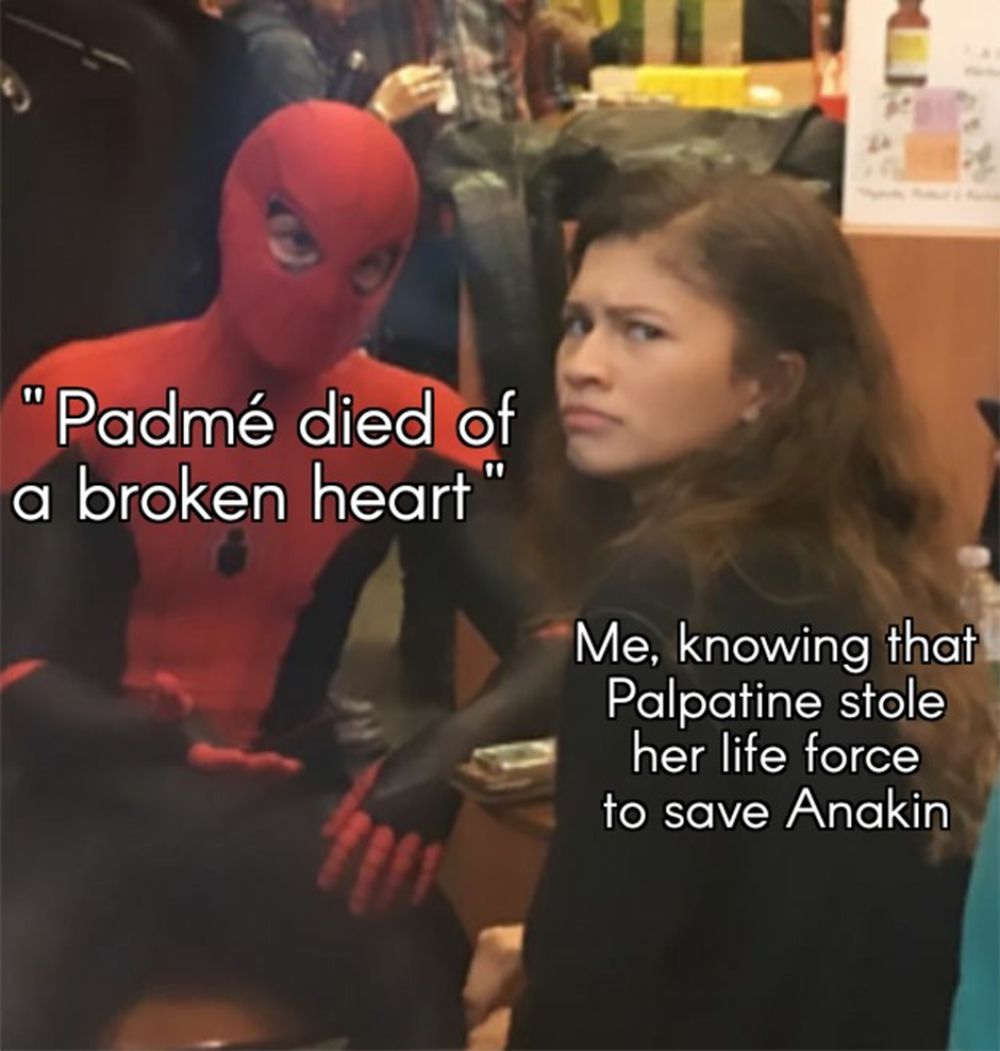 Star Wars Meme about Palpatine stealing Padme's lifeforce