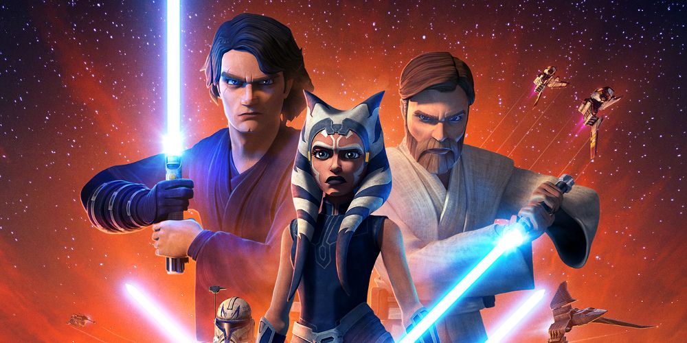 Arte promocional da 7ª temporada de Star Wars: The Clone Wars com Anakin, Ahsoka e Obi-Wan.