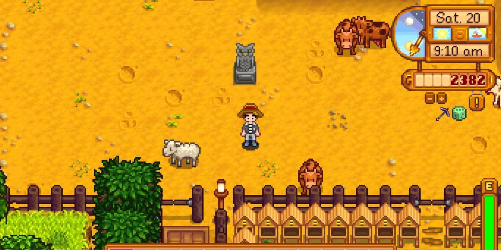 A player finds the Stone Owl on their farm one morning in Stardew Valley