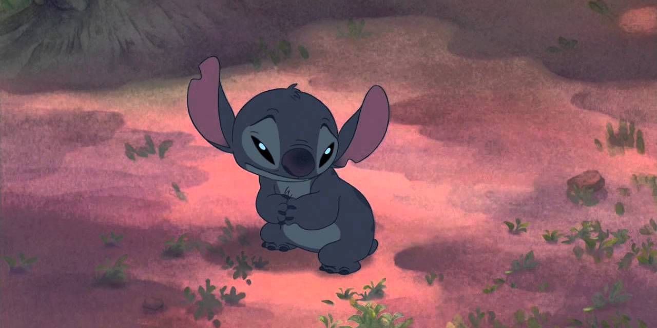 Stitch looking sad in the forest in Lilo and Stitch (2002)