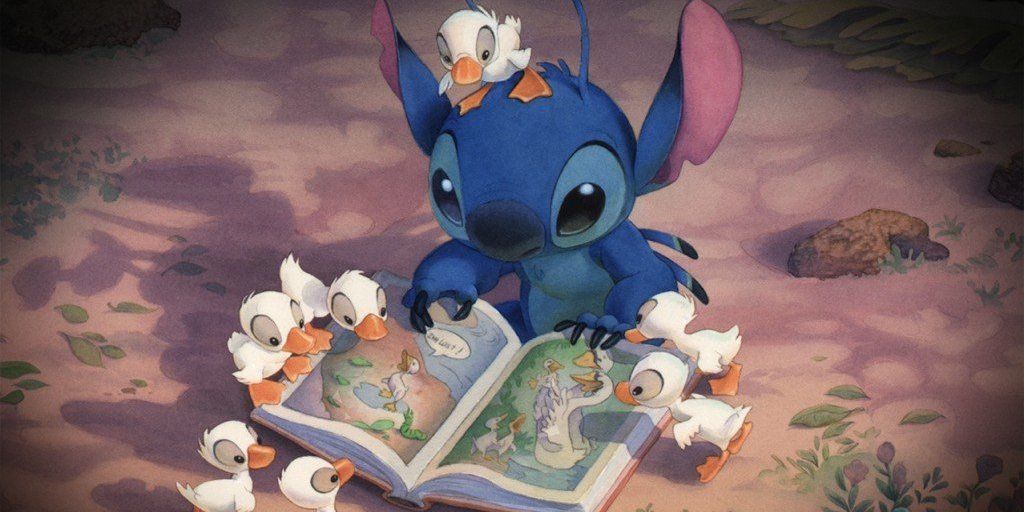 Stitch reading the ugly duckling to ducklings in Lilo and Stitch (2002)