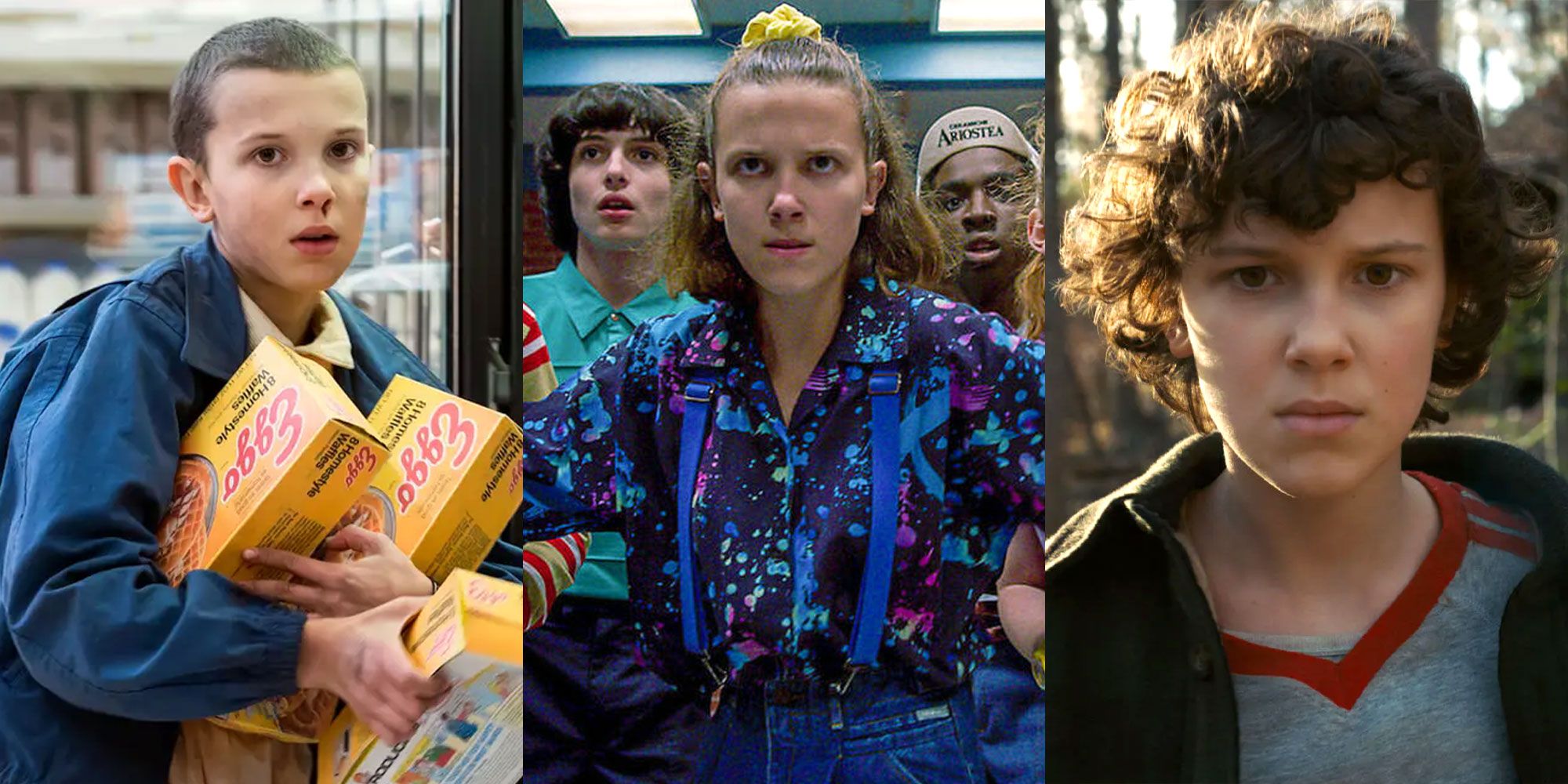 A split image features Eleven across the first three seasons of Stranger Things