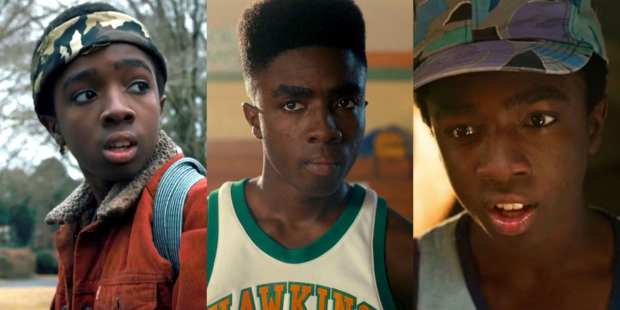A split image features Lucas across three seasons of Stranger Things