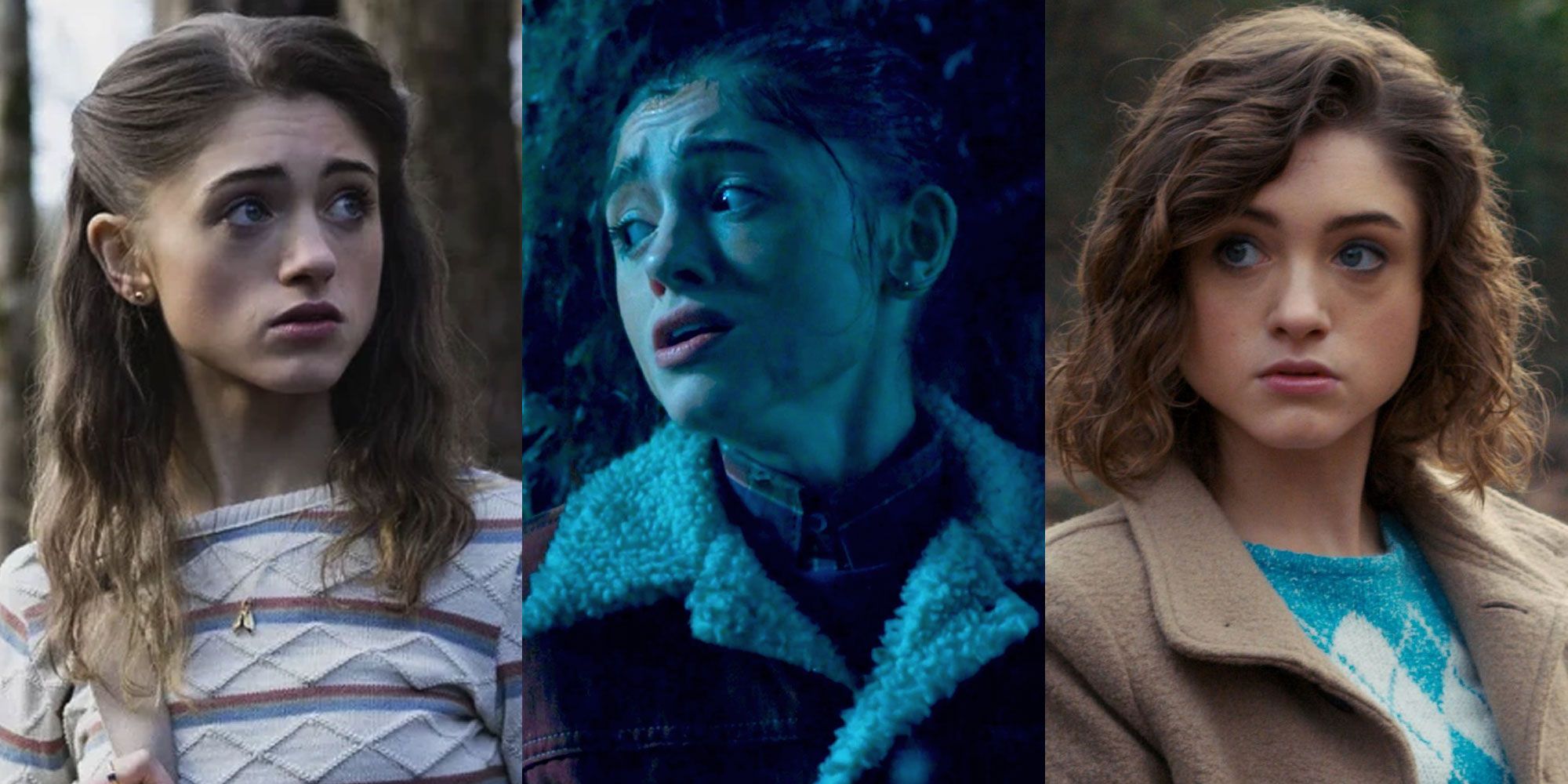 A split image features Nancy Wheeler in three different Stranger Things episodes