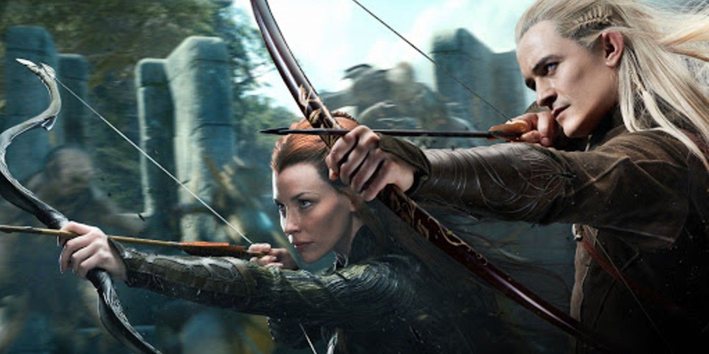 Legolas and Tauriel drawing bows in The Hobbit