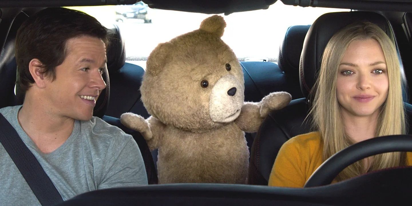 Mark Wahlberg, Amanda Seyfried, and Ted in a car in Ted 2
