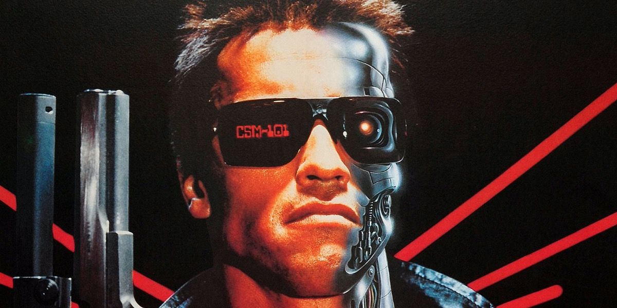 Arnold Schwarzenegger as the Terminator with half cyborg face and holding a gun 