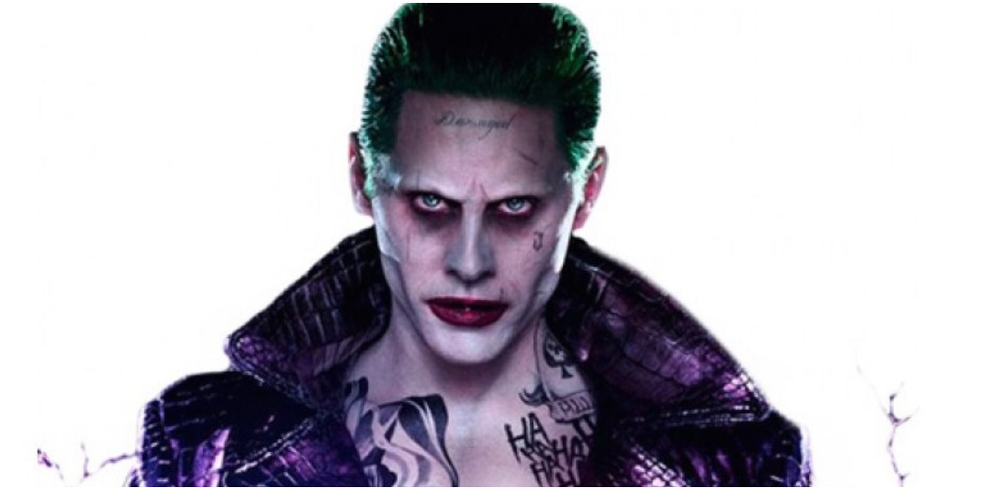 Leto’s Joker with slicked back hair and a purple jacket