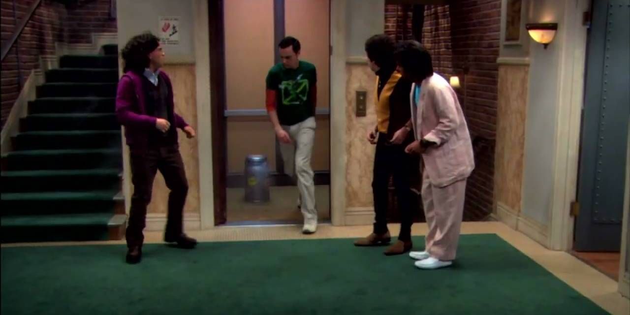 Sheldon running out of elevator that has rocket fuel in it. Guys look on.