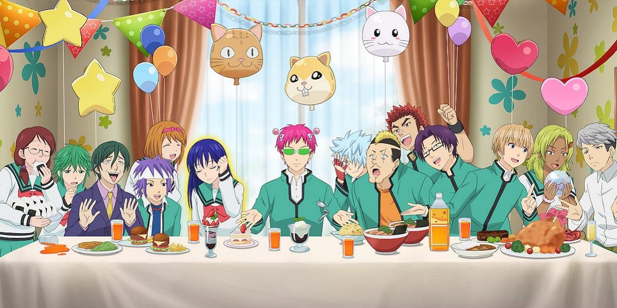 Main characters from The Disastrous Life Of Saiki K. sitting on a table