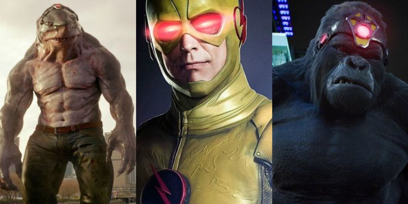 Split image of King Shark, Reverse Flash, and Gorilla Grodd from The Flash TV series