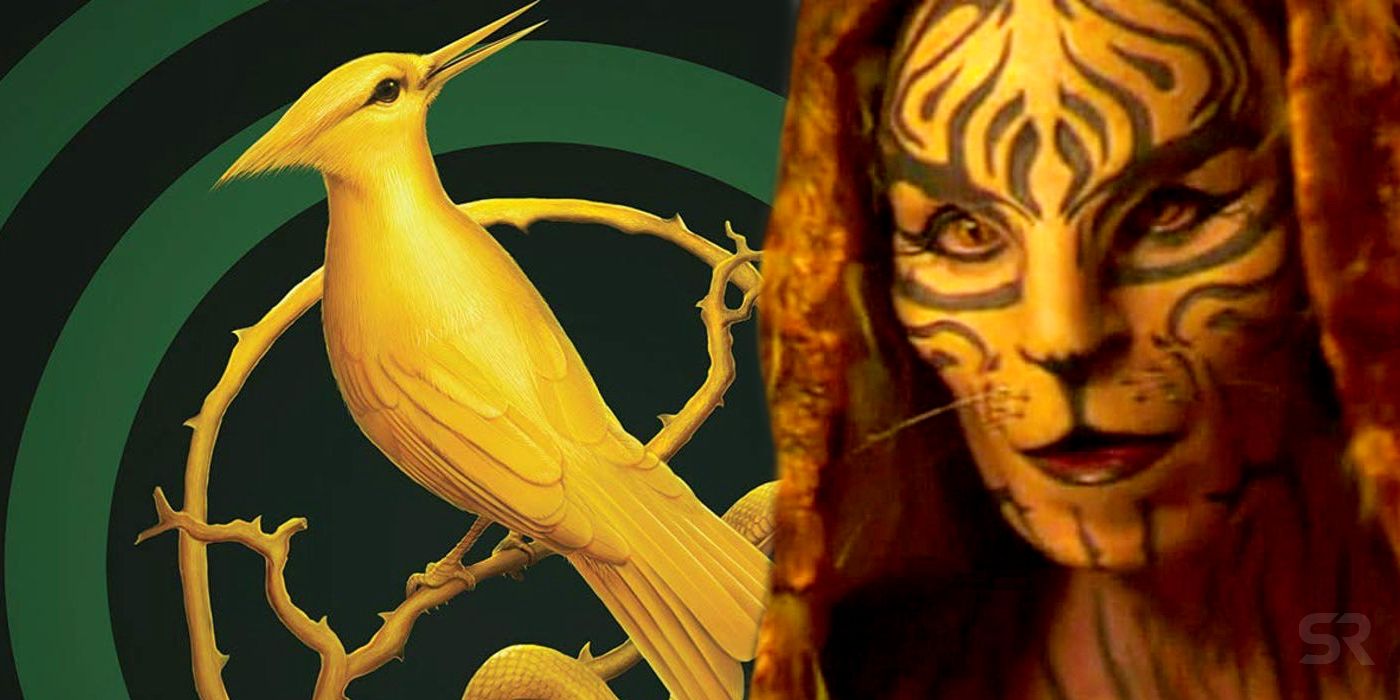 A blended image features The Ballad of Songbirds and Snakes book artwork alongside Tigris in The Hunger Games: Mockingjay Part 2
