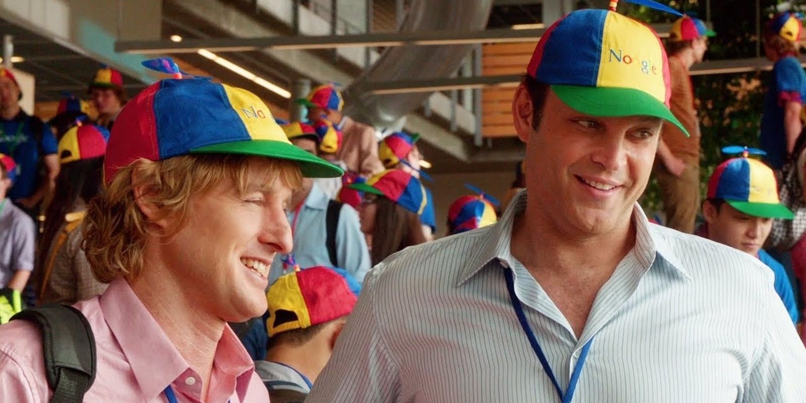 Vince Vaughn and Owen WIlson wearing Google hats in The Internship