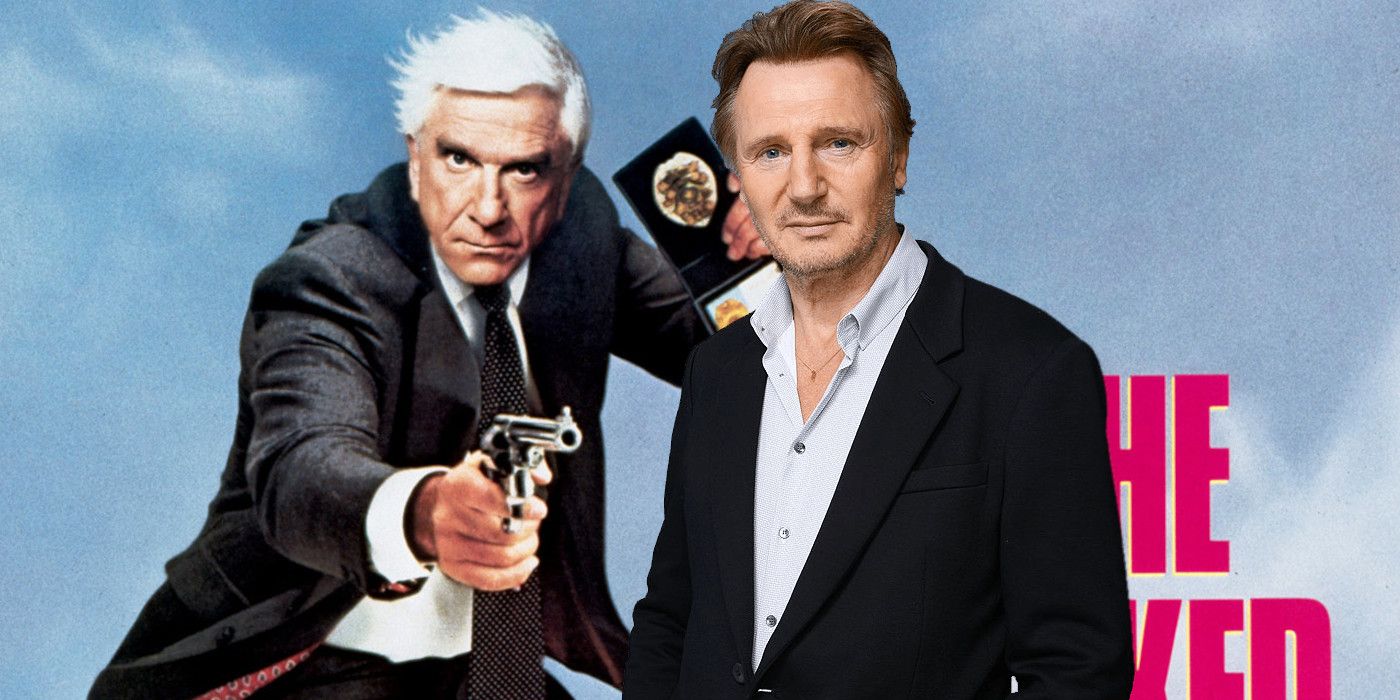 A composite image of Liam Neeson in front of the poster for The Naked Gun
