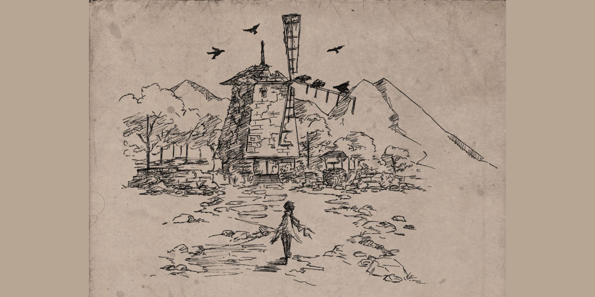 Pencil Drawing of A Windmill Surrounded By Birds With A Boy Walking Toward It