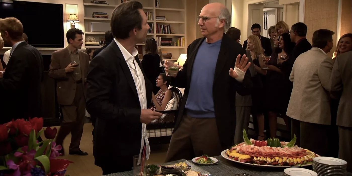 Christian Slater and Larry argue at a buffet in Curb Your Enthusiasm