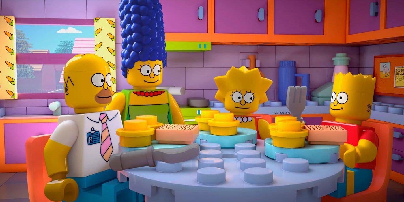 The Simpsons family in Lego form sitting around a table in their kitchen in The Simpsons.