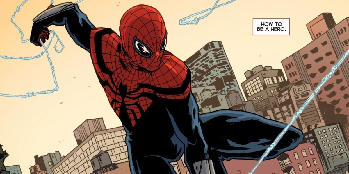 Superior Spider-Man swings through the city in the comics.