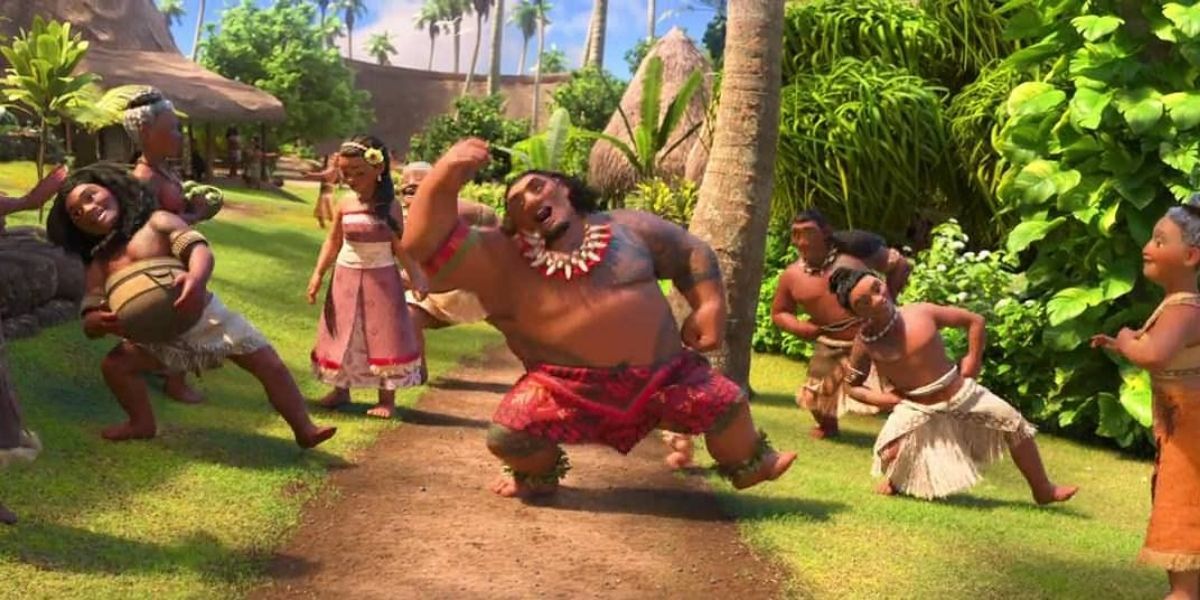 Moana's father and other villagers dancing 