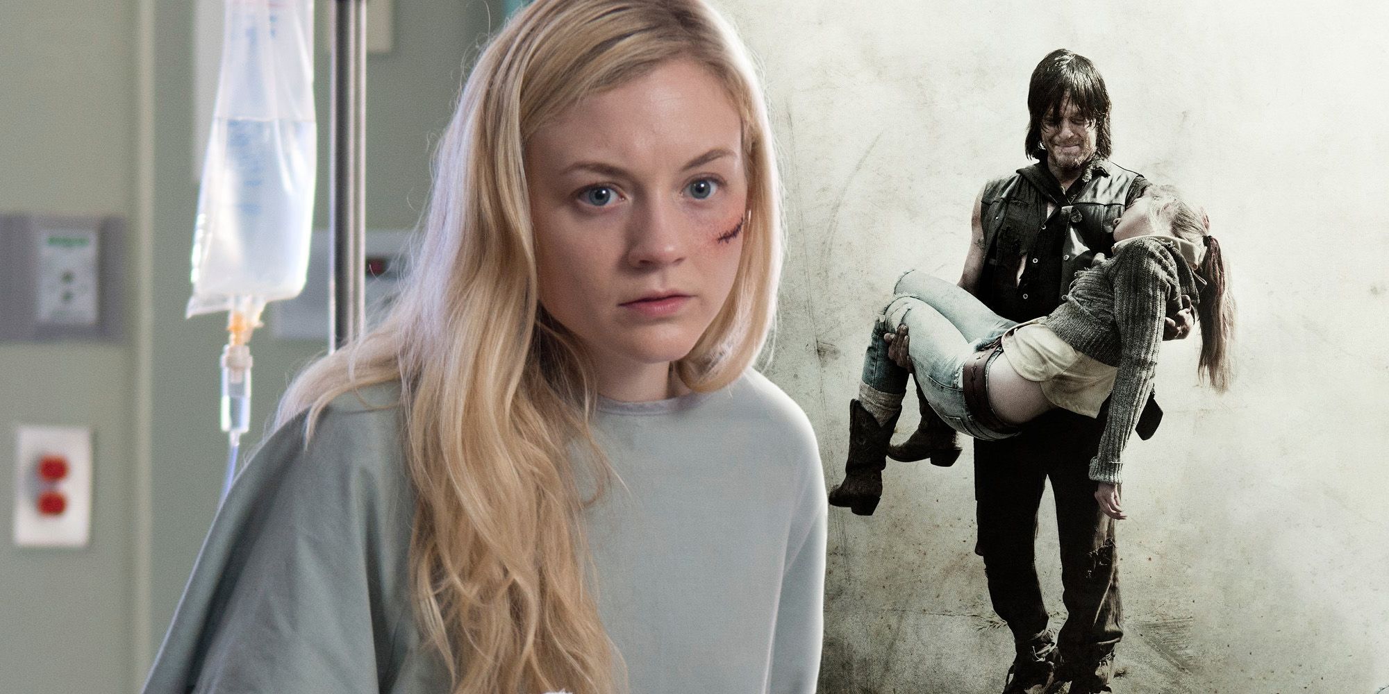Split image of Beth in the hospital and being carried by Daryl in The Walking Dead