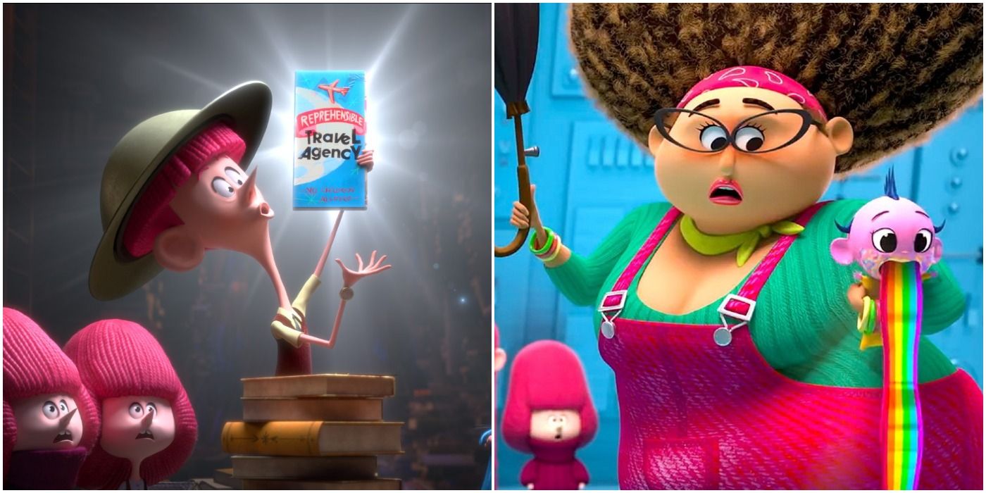 Boy holding up travel agency brochure/Woman with umbrella has creature resting on her shoulder that’s vomiting a rainbow