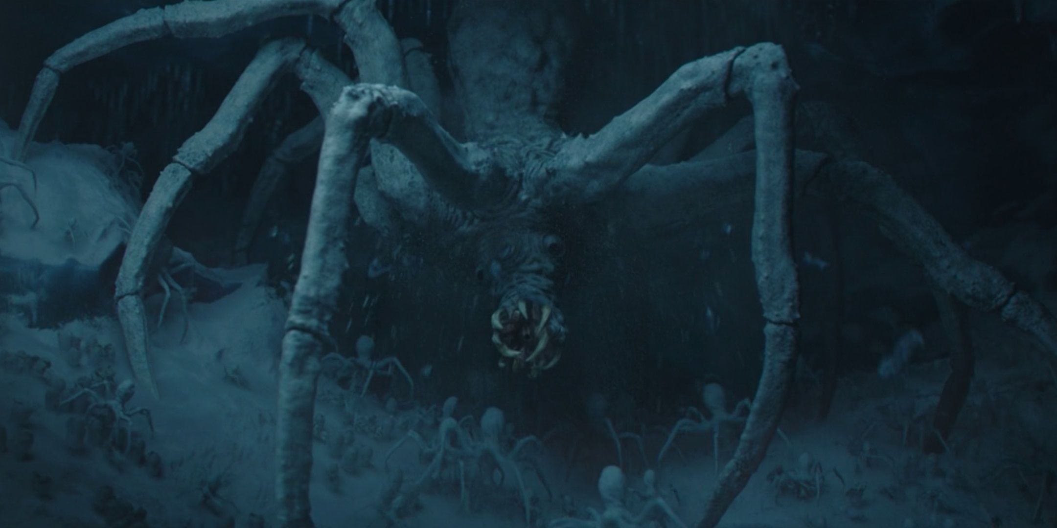 The knobby white ice spiders attack Din in The Mandalorian
