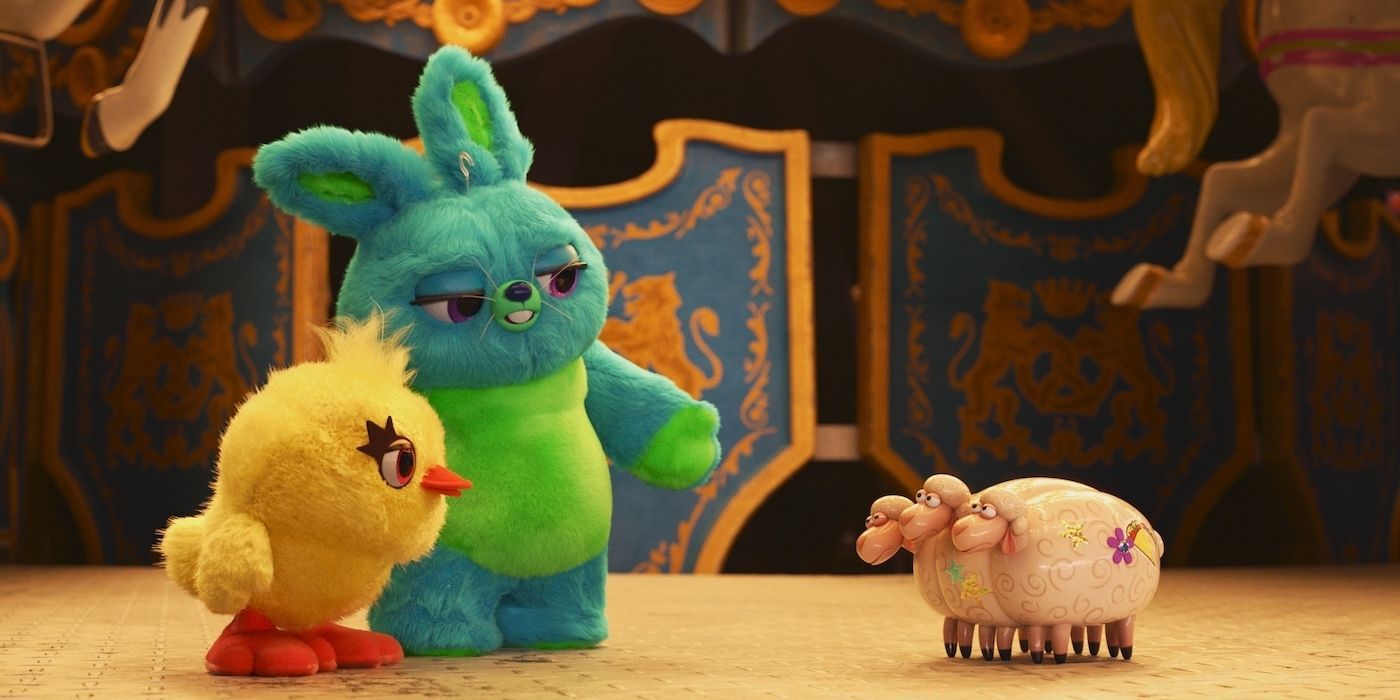 Bunny and Ducky speak with Bo Peep’s sheep in Toy Story 4