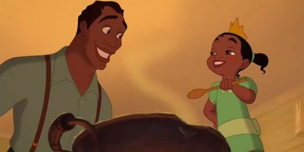 Tiana helping her dad make gumbo in The Princess and the Frog