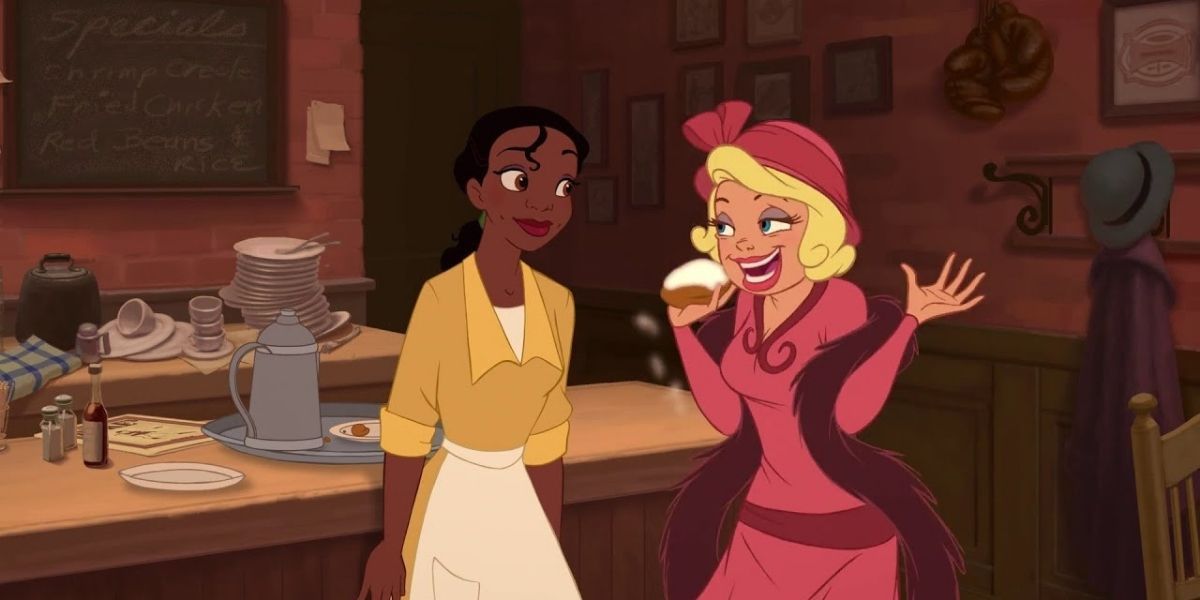 Charlotte talking to Tiana while eating a begniet