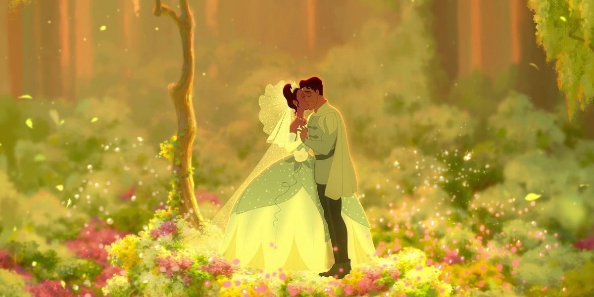 Tiana and Prince Naveen kiss at their wedding after being transformed into humans