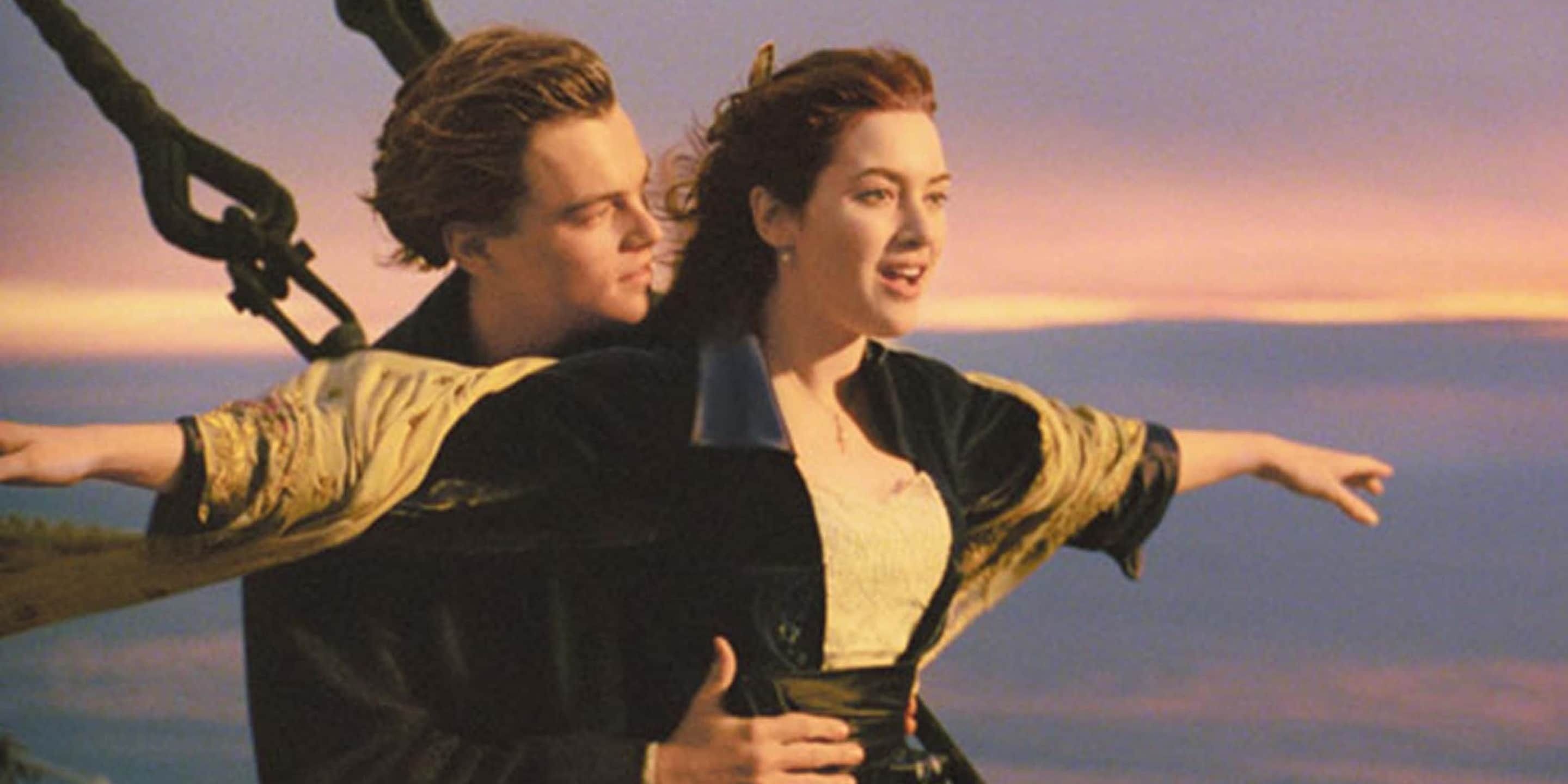 Jack and Rose standing at the front of the ship in Titanic