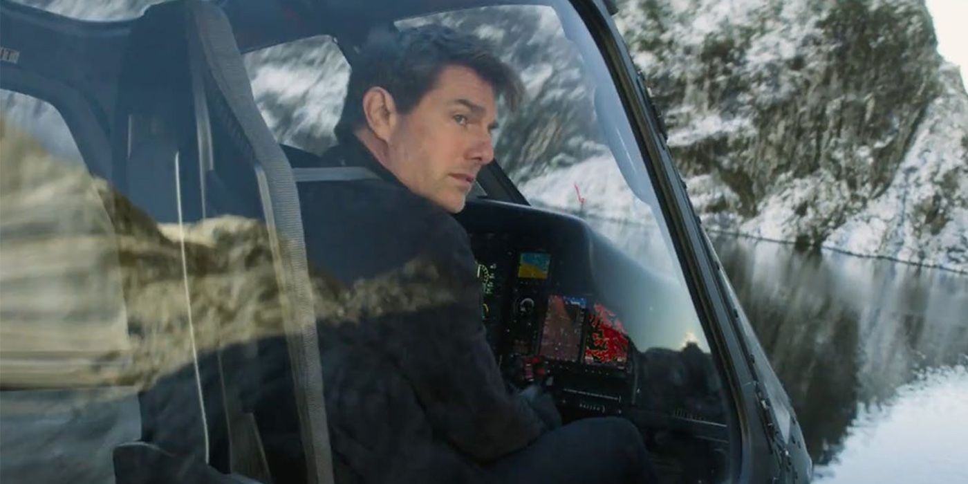 Tom Cruise as Ethan Hunt flying a helicopter in the finale of Mission: Impossible Fallout