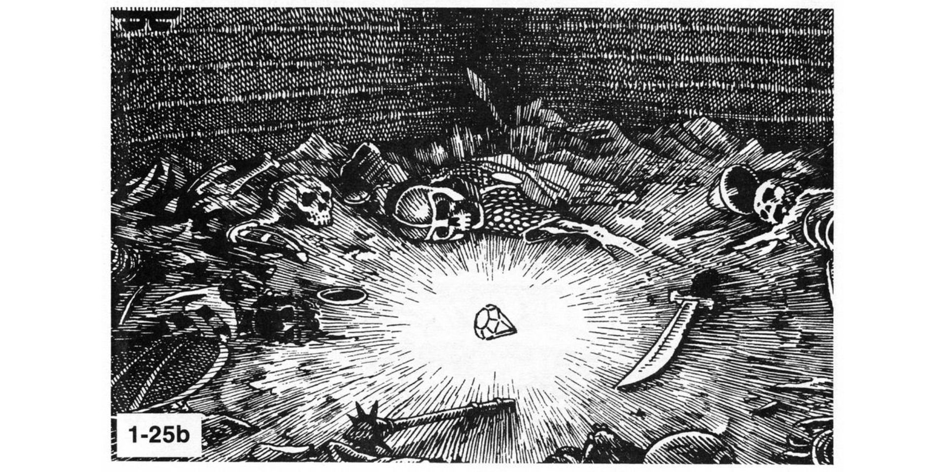 An illustration of the Trustworthy Jewel from Tomb of Horrors - a cut gem lying on the floor of a dungeon surrounded by skeletons.