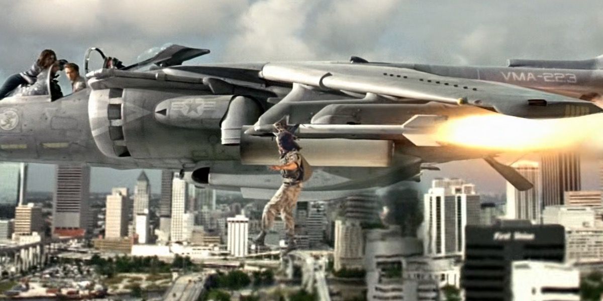 A man dangling from a harrier jet in True Lies.