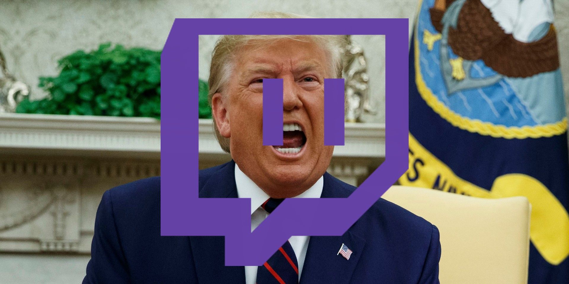 Twitch logo over Donald Trump