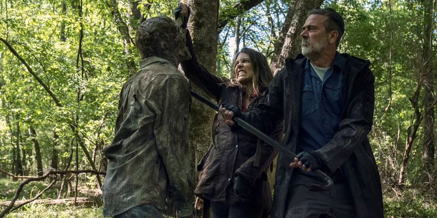 Maggie and Negan kill a walker in The Walking Dead