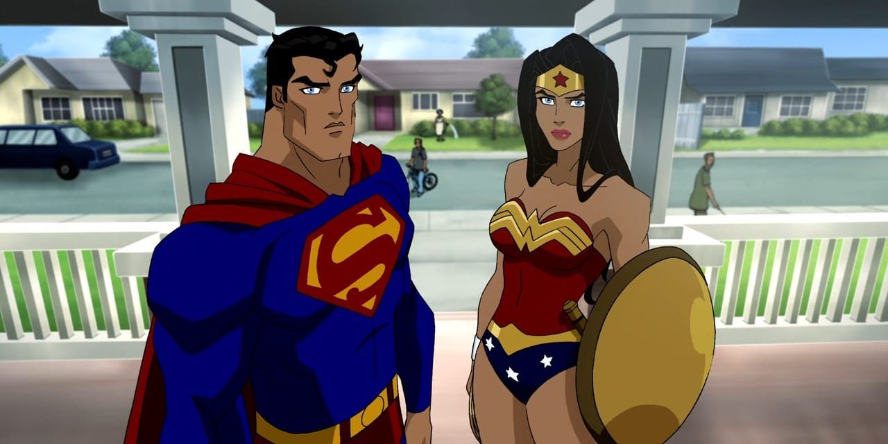 Superman and Wonder Woman in a house's porch in Batman/Superman: Apocalypse