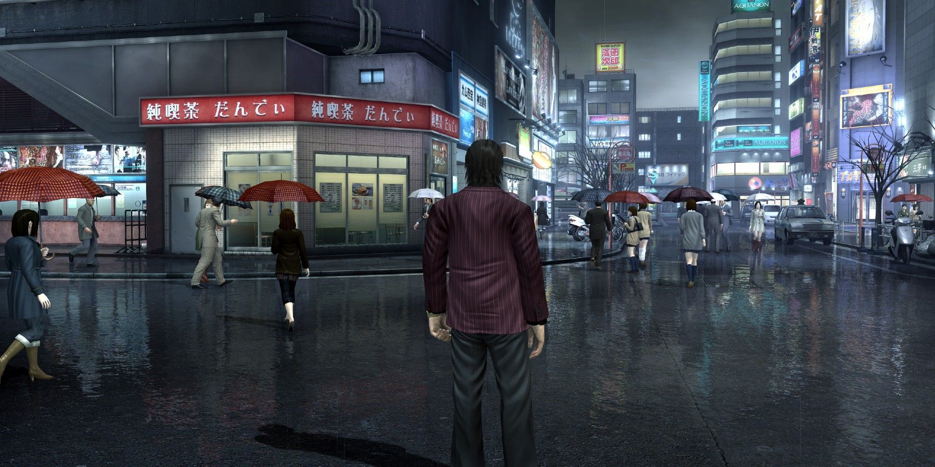 A male character turning his back on the camera, standing under the rain in Yakuza 4 Remastered