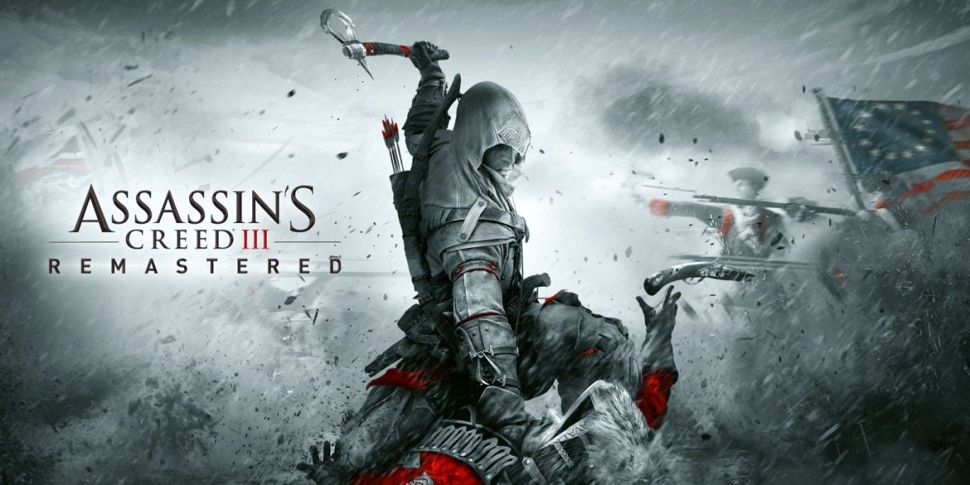 Cover of Assassin's Creed III showing Connor Kenway raising his hatchet while pinning a British soldier down.