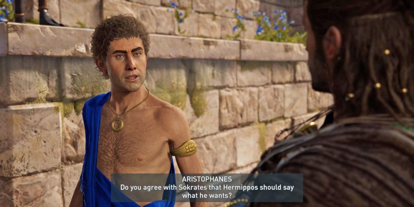 Aristófanes conversando com Alexios em Assassin's Creed Odyssey