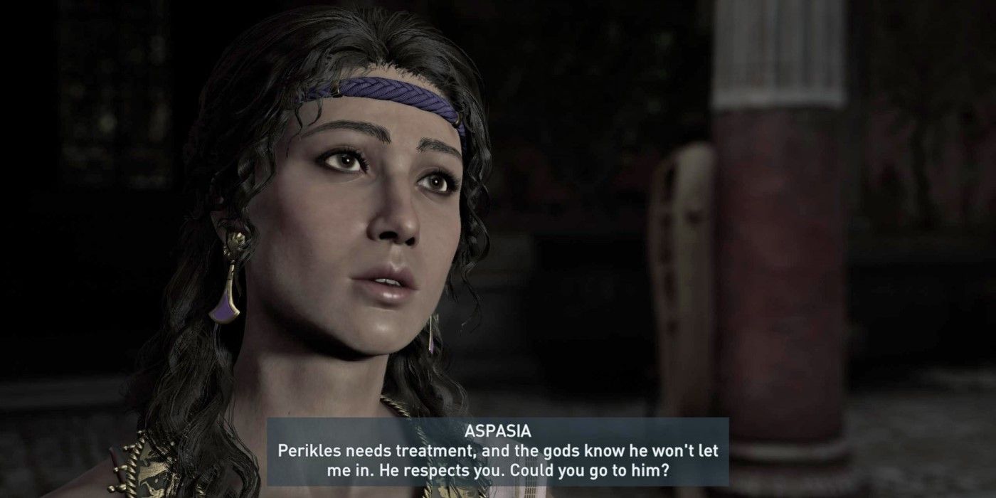 Aspásia conversando com o jogador em Assassin's Creed Odyssey