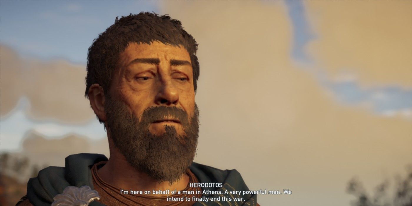Herodotos conversando em Assassin's Creed Odyssey