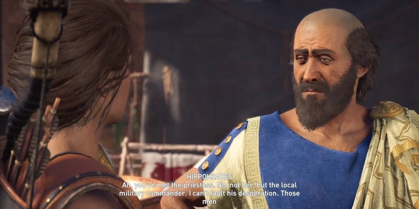 Hipócrates conversando com Kassandra em Assassin's Creed Odyssey