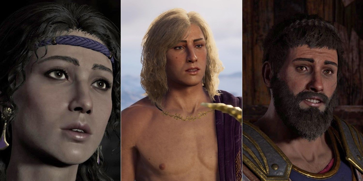 Three Historical figures in Assassin's Creed Odyssey next to each other