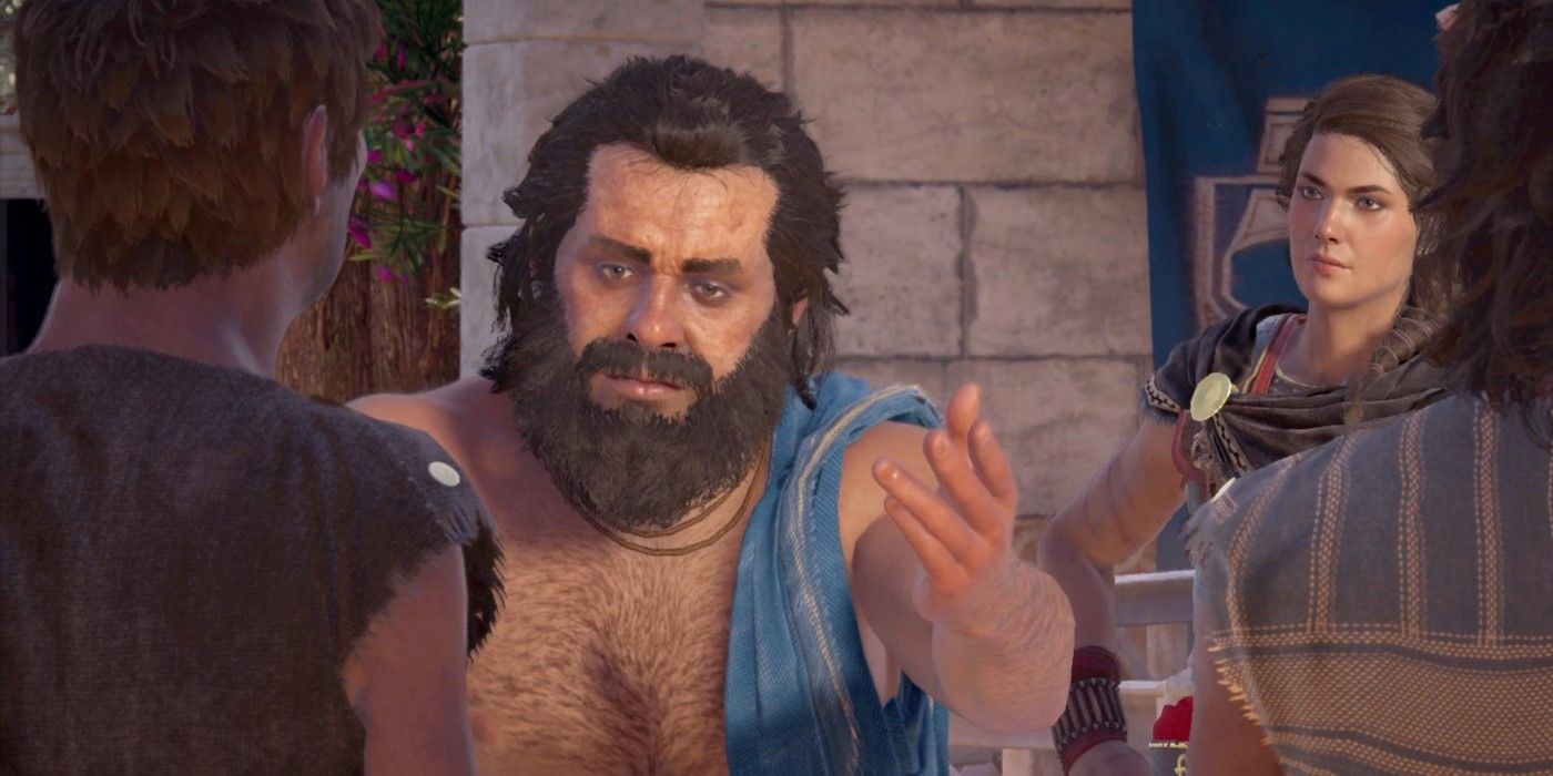 Sokrates fala com um grupo de pessoas em Assassin's Creed Odyssey