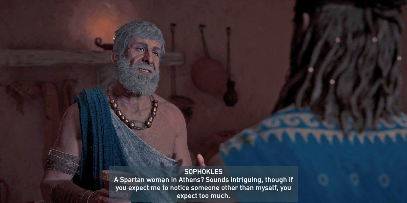 Sophokles from AC Odyssey talking to the player
