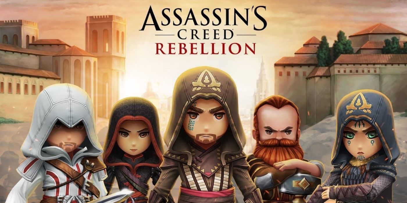 Cover of Assassin's Creed Rebellion showing chibi figures of Assassins.